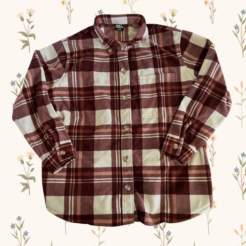 Eddie Bauer Burgundy Wine Brown Cabincore Microfleece Plaid Button-Up Shirt XL